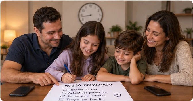 Pai e filho preenchendo um combinado com o celular apoiado na mesa