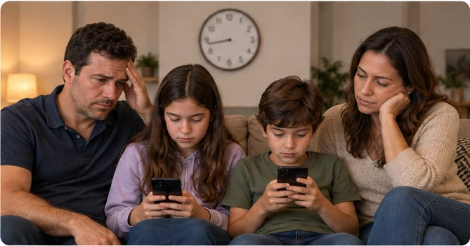 Pai preocupado indicando o relógio enquanto o filho usa o celular